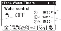 Orion P Kezelési Kézikönyv Táp / Víz / Időzítők (F2) 5.5.1 Főcsoport kijelző Jelen idő A vízellátás státusza Start és stop idők Start és stop idők Vízellátás BE/KI időkkel.
