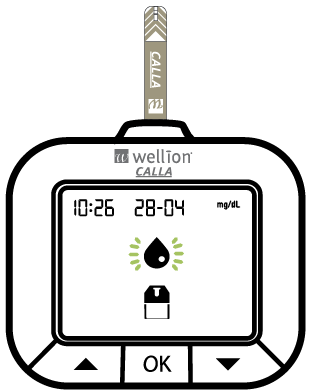 A vércukor mérése Helyezzen be egy tesztcsíkot a Wellion Calla Light vércukor mérő készülékbe.