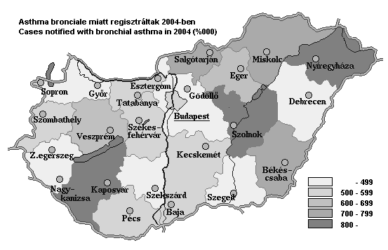 Nem TBC-s krónikus tüdőbetegségek Asthma bronchiale 2004-ben megyénként Bronchiale asthma by caunties új esetek: regisztráltak: Allergiás-allergic Allergiás-allergic Nem allerg.-non allerg.
