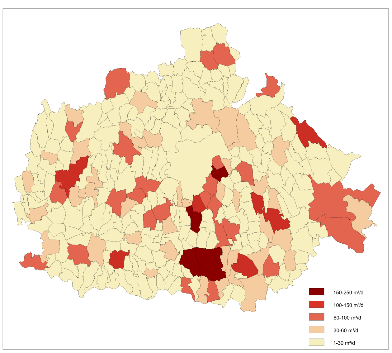 Baranya megye Települések alajba szikkadó szennyvíz erhelése. Készül a 2009-es évi KSH adaok alapján.