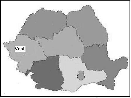 A romániai Bánság fejlettsége a Dél-Alfölddel történő összevetésben ~ 135 2. térkép. Románia NUTS II. régiói Map 2. NUTS II. regions of Romania Forrás: www.wikipedia.org.