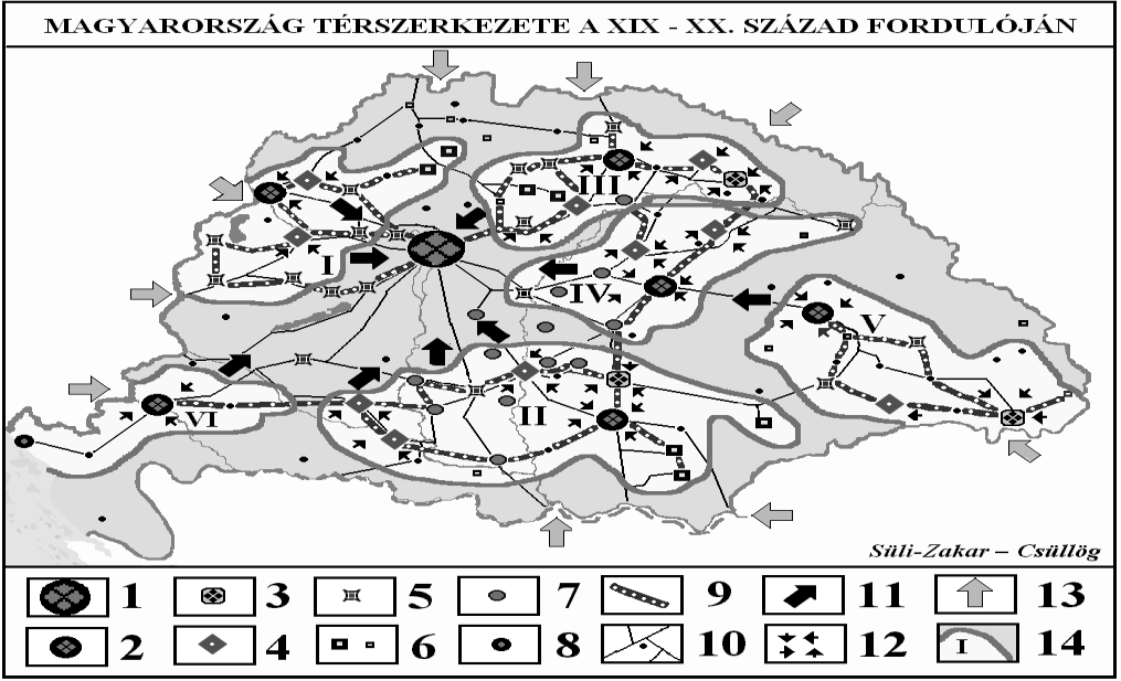 26 ~ A Habsburg Monarchia és öröksége 10. ábra. Magyarország térszerkezete a XIX-XX. század fordulóján Figure 10. Spatial structure of Hungary at the end of the 19th century 1. Országos központ, 2.