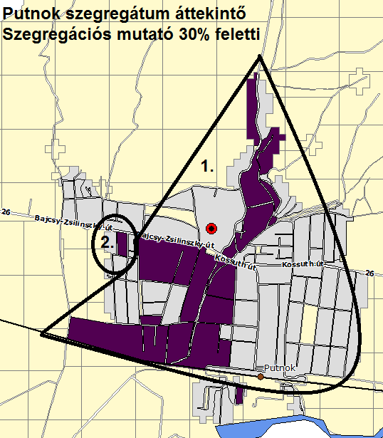 52. térkép: Putnok szegregációval veszélyeztetett területei Forrás: KSH 1. szegregációval veszélyeztetett terület lehatárolása: Berkenye út Vasúti sín MÁV telep Petőfi S. u. Tóth E. u. Tompa M.