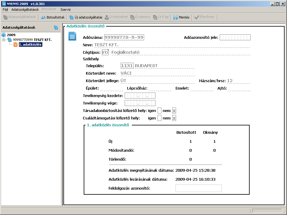 Az állomány elkészítését követıen az Adatszolgáltatások nézetben kiválasztott adatközlés elıtt kis piros floppy jelenik meg, ez jelzi, hogy az adatközlésbıl.kr állomány készült.