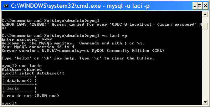 mysql használata Kliens oldali elemek: mysql parancs-fel felület let -u nev :