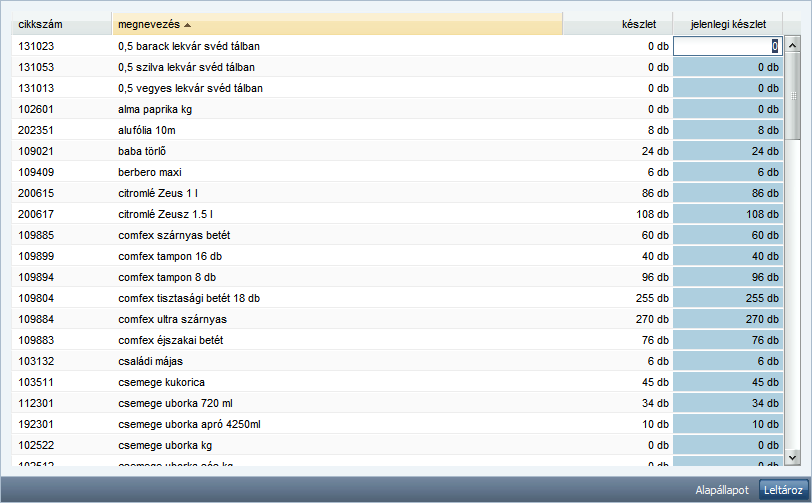 5.10 Leltár Leltározás esetén megjelenik az árucikkek listája, mellette a készleten lévő darabszám és egy mező a jelenlegi készletnek. Kezdetben a jelenlegi készlet mező értéke egyenlő a készlettel.