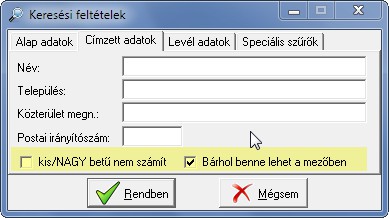 A kis/nagy betű érzékenység és a keresendő szövegrész megtalálási módja külön-külön beállíthatóak: 13.1.1.6 Levél adatok 1.