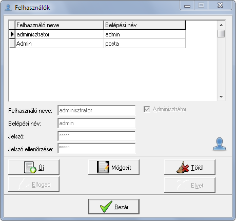 Telepítés után két felhasználó létezik. További felhasználók vehetők fel, vagy a jelenlegiek módosíthatóak.