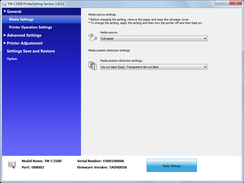 3. fejezet: Kezelés 6 Adja meg a címkepapír forrását és a címkepapír-pozíció érzékelés módját a TM-C3500 PrinterSetting-ben. Ezután kattintson az [Apply Settings]-re (beállítások alkalmazása).