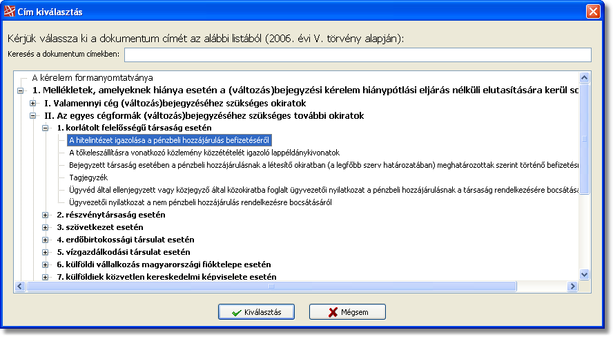 A program használata 3.3.1.6 51 Dokumentum címének megadása A dokumentum címének megadására egy faszerkezetű csoportosított lista szolgál.