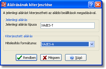 A program használata 3.5.3 67 Aláírás kiterjesztése Miután aláírtuk egy dossziét vagy dokumentumot, lehetőségünk van arra, hogy megváltoztassuk a felhasznált hitelesítési formátumot.