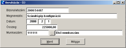 2. Forgalom 2.1. Beruházások Ezen a képernyın van lehetıség bejegyezni, javítani, törölni az új beruházási tételeket. Új beruházás felvitelekor az alábbi adatokat lehet megadni.