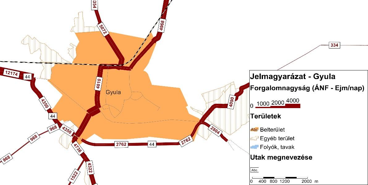 HELYZETFELTÁRÓ- HELYZETELEMZŐ - HELYZETÉRTÉKELŐ MUNKARÉSZEK 116 28. térkép: Gyula főbb útjainak forgalmi terhelése Forrás: Az országos közutak 2013. évre vonatkozó keresztmetszeti forgalma c.