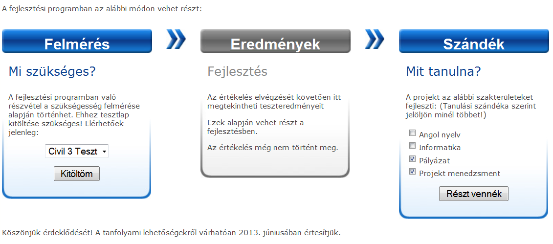 3.3. Szintfelmérő: A tesztsor minden fejlesztendő szakterületre vonatkozóan tartalmaz kérdéseket.