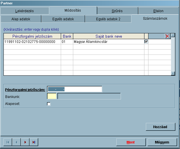 A negyedik fülön rögzíthetők, módosíthatók az adott partnerhez tartozó pénzforgalmi jelzőszámok.