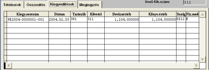 A képernyő középső részén egy lapkeret található, mely első lapja, a számla tételsorait tartalmazza.