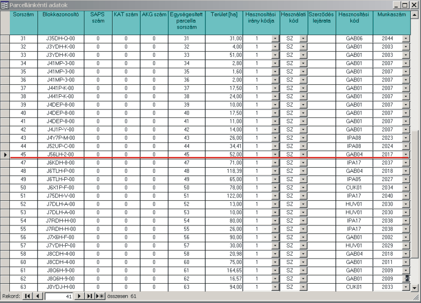 4.2. ábra. A táblatörzskönyv beviteli űrlapja 4.3. ábra. A parcella adatok Ha a gazdálkodási napló GN09 jelű táblázatának a kitöltéséhez azt is tudni akarjuk, hogy a 45.