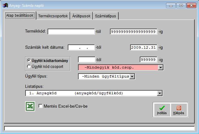 Termék- Számla lista A kiszámlázott készletekről kérhetünk le kimutatást () termék kódra (azon belül ügyfélkód sorban), vagy ügyfélkódra (azon belül termékkód sorban).