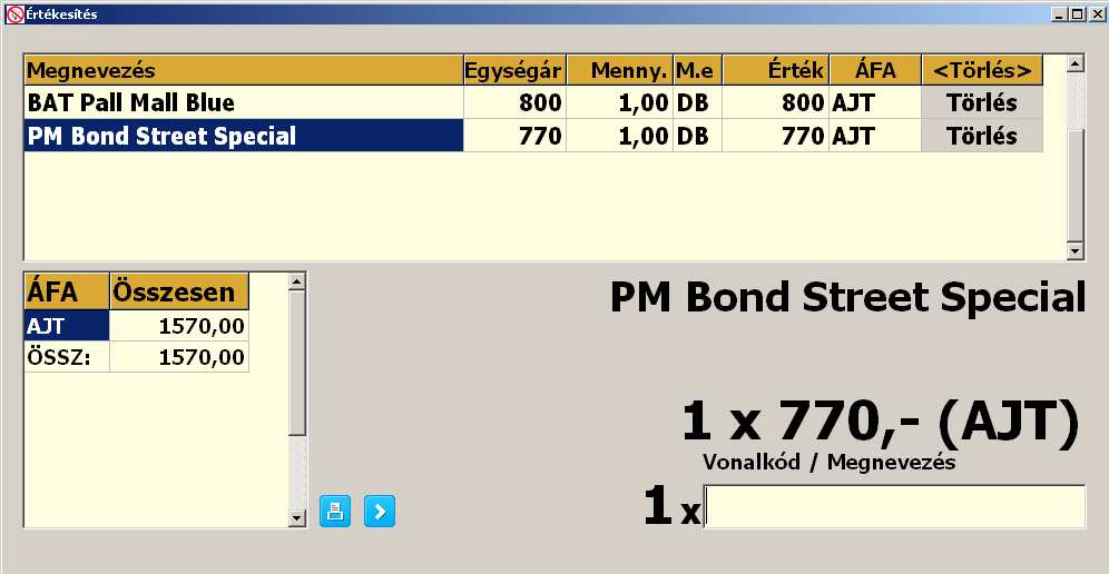 A program ÁFA gyűjtőnként összesíti az eladott termékeket, így több tétel vásárlása esetén ellenőrizhető a program által mutatott és a pénztárgépbe ütött összeg.