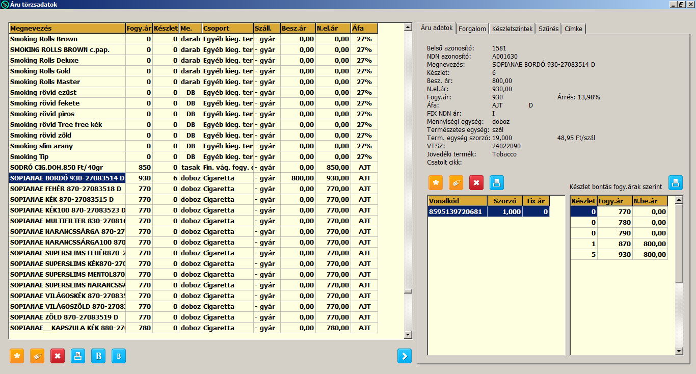 Törzsadatok -> Áru törzsadatok A Bal oldalon található maga a cikktörzs a termékek adataival, jobb oldalon pedig a kiválasztott termék egyes részletes adatai, tulajdonságai.