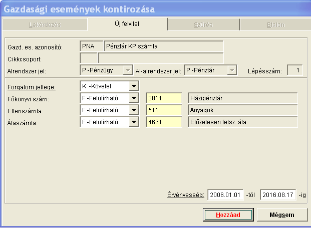 Az esemény törzs összeállítható kontírozással és anélkül, így