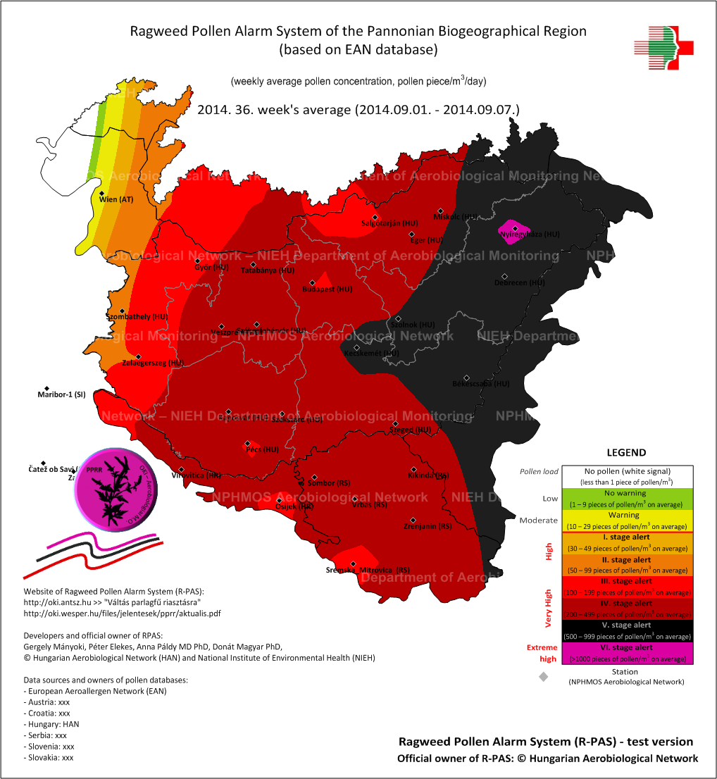 10. ábra: A PPRR 2014-es fejlesztés részeredményének tekinthető nemzetközi kitekintést adó, Pannon Biogeográfiai Régiót felölelő parlagfű riasztás térkép (R-PAS béta), a 36.