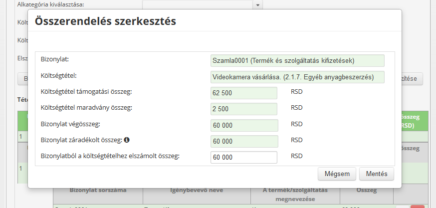 elszámolandó összege. A Többlet/hiány oszlopban az látható, hogy adott költségtétel esetében mekkora összeg még nem került elszámolásra.