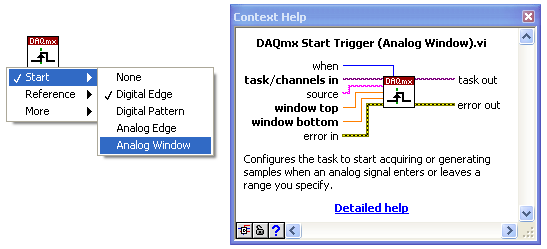 Analóg start trigger jel: Analóg ablak trigger jel: V. OLVASÁS / ÍRÁS FÜGGVÉNYEI Jelek kiolvasását illetve kiküldését feszültség vagy bináris (kvantum érték) formátumban is elvégezhetjük.