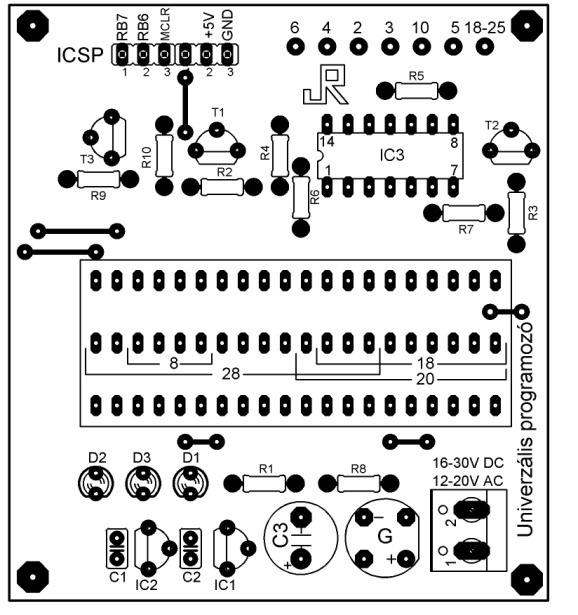 két stabilizátor IC-vel és a 3 darab tranzisztorral. Rakjuk be a gerjedésgátló kondenzátorokat, valamint a tápfeszültség csatlakoztatására szolgáló sorkapcsot.