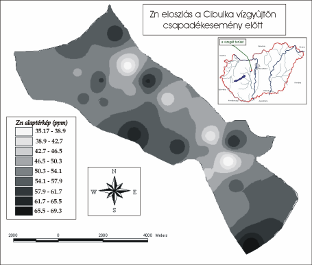 5. ábra: A feltalaj Zn tartalmának (ppm) területi változása és elmozdulása (mg/m 2 ) a 2004. 06.