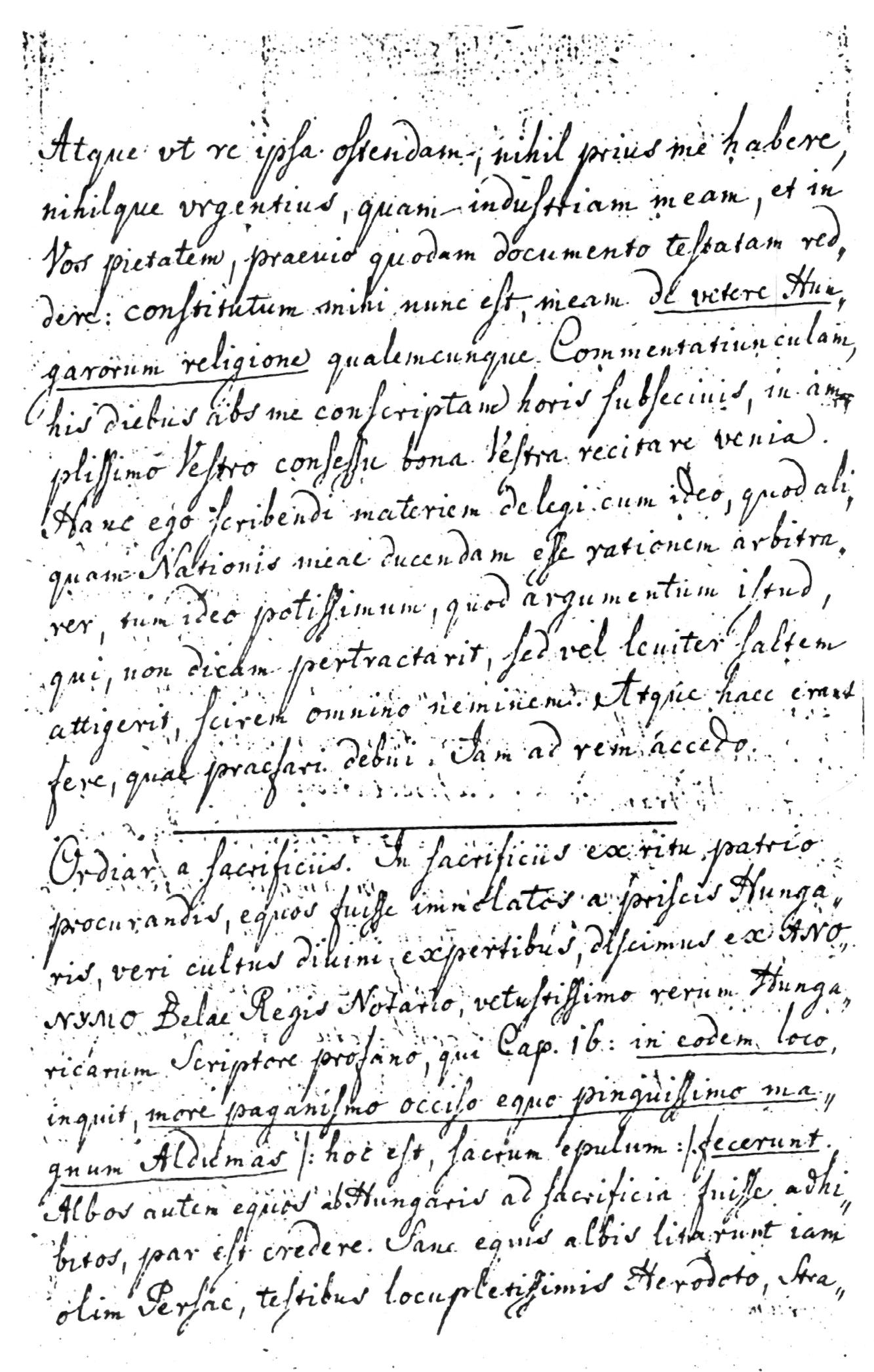 3. ábra. Cornides Dániel göttingeni disszertációjának 4. lapja felülről, a 4 5. sorokban aláhúzva a cím, de vetere Hungarorum religione.