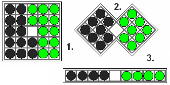 HALMA ( egyszemélyes feladványok ) (1.) Az 5x5-ös tábla közepe üres, a többi mezőn 12 db sötét és 12 db világos bábu van felrakva. Feladat a világos és sötét bábuk helycseréje.