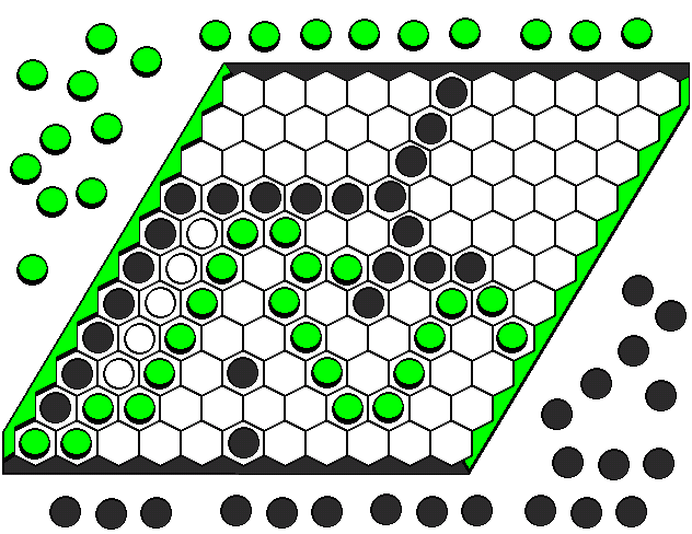 HEX ( kezdők: 7x7-en, gyakorlottak: 11x11-en ) Az induláskor üres táblára felváltva egy-egy bábuját rakosgatja sötét és világos, abban versenyezve, hogy társát megelőzve, a saját bábuival kösse össze