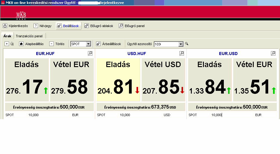 2.4.2. Árak fül A devizanemek megjelenítése a gombokon mezı ki illetve bekapcsolása esetén az árfolyam gombon az eladási és vételi irány mellett megjelenik, hogy melyik deviza eladására illetve