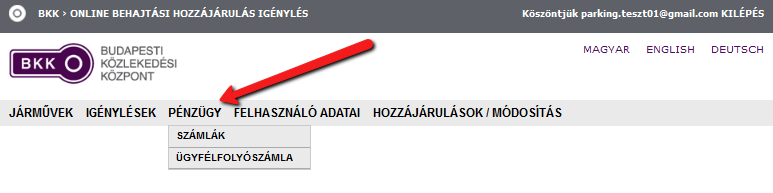 2.3 PÉNZÜGY A rendszer itt biztosítja a lehetőséget a felhasználók számára, hogy tájékozódjon a folyószámla egyenlegének alakulásáról, valamint hogy áttekintse az egyes számlákat és díjbekérőket. 2.3.1 SZÁMLÁK Ebben a menüpontban lehetőség van a számlák és díjbekérők megtekintésére, nyomtatására és bankkártyával való fizetésére.