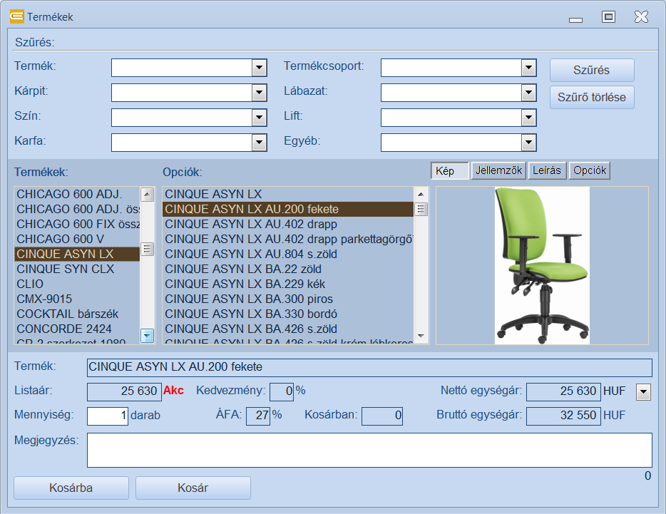 Az ablak felső részében szűrő feltételekkel lehet szűkíteni a listát, pl. Termékcsoport=Forgószék beválasztásával a listán csak a forgószékek fognak megjelenni.