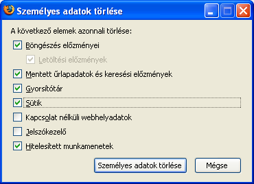 Mozilla Firefox esetén: "Eszközök"/"Személyes adatok törlése..." Itt feltétlen legyen kipipálva a "Gyorsítótár" és a "Sütik" is, majd kattintson a "Személyes adatok törlése" gombra: 5.