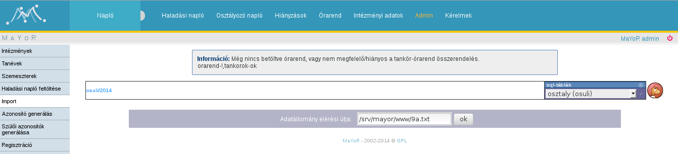 176. ábra: Osztályok létrehozása XII.7. Osztály tagjainak felvétele tömegesen Komplett évfolyamok felvétele nehézkes lehet diákonként ezért van lehetőség a tömeges felvételre is.