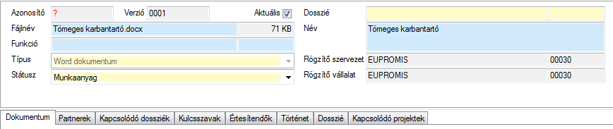 20. ábra: Projekt munkalap tulajdonságok - dokumentumok fül A képen is jelölt új gombra kattintva felugrik a dokumentum munkalap, ahol a feltöltendő dokumentumhoz tartozó adatokat adhatunk meg, amely