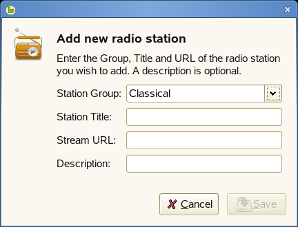 2 Adja meg az adatfolyam részleteit az Új rádióállomás hozzáadása párbeszédpanelben, majd kattintson a Mentés gombra.