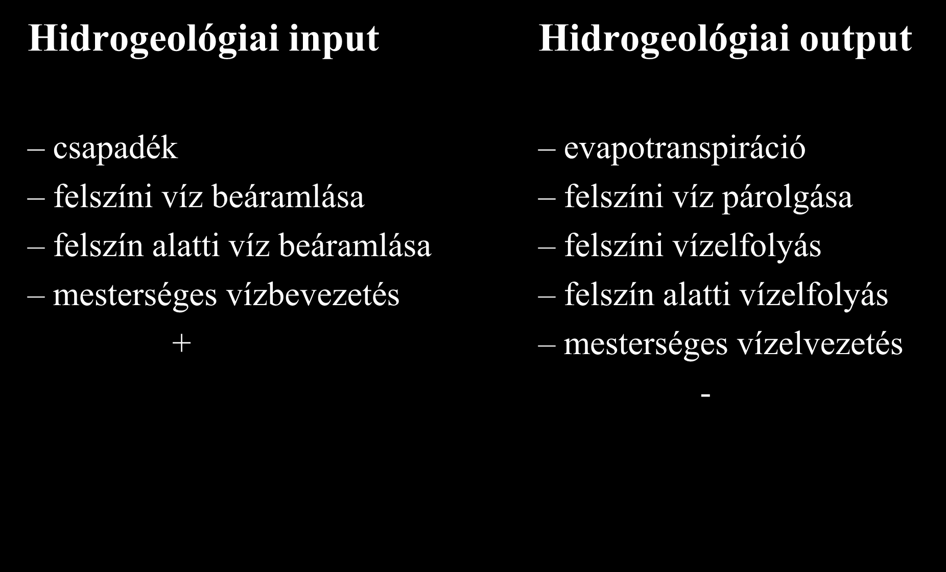 Hidrológiai egyenlet Hidrogeológiai input Hidrogeológiai output csapadék evapotranspiráció felszíni víz beáramlása felszíni víz