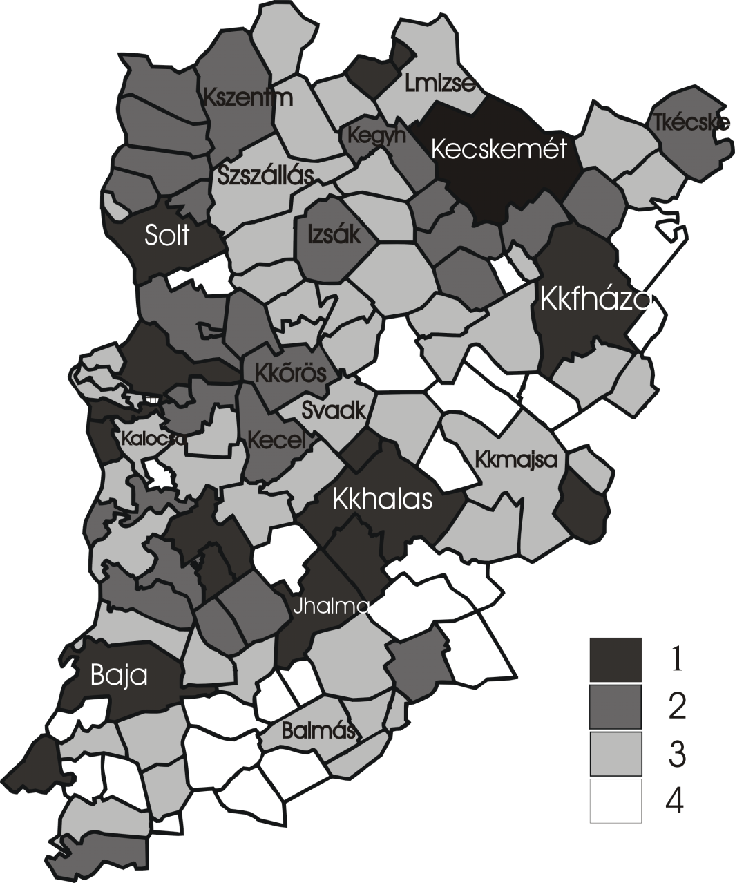 3 ábra Átlagos telekárak Bács-Kiskun megye településeinek külterületén (Ft/m 2 ) 1 = városi átlag fölött; 2 = megyei és a városi átlag között (31 50); 3 = községi és a megyei átlag között (15 30); 4