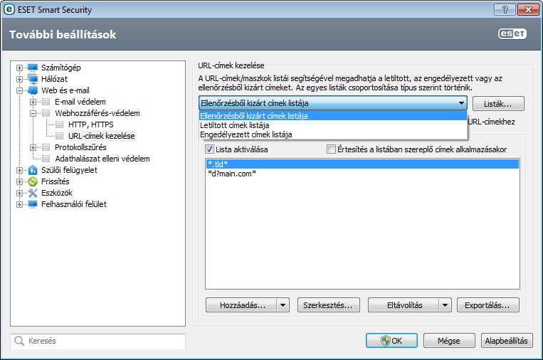 4.3.2.2 URL-címek kezelése A témakörből megtudhatja, miként tilthat le, engedélyezhet és zárhat ki az ellenőrzésből HTTP-címeket.
