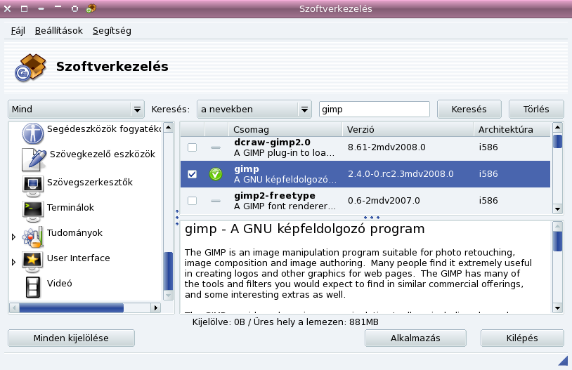 A kijelölt programról informálódhatunk is. Megtudhatjuk, milyen verziójú és mire való. További programokat a csomagtelepítő segítségével lehet telepíteni. Nem csak programokat, hanem modulokat is, pl.