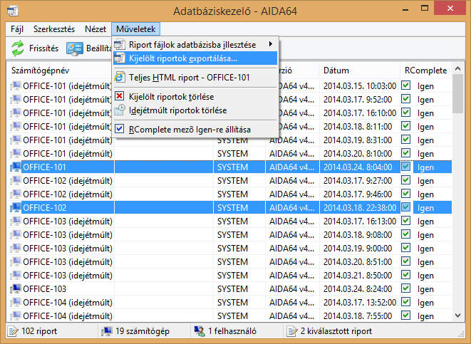 Fájl menü A kijelölt riportot vagy riportokat exportálhatjuk egy CSV-fájlba, emellett megnyithatjuk HTML-fájlban is.