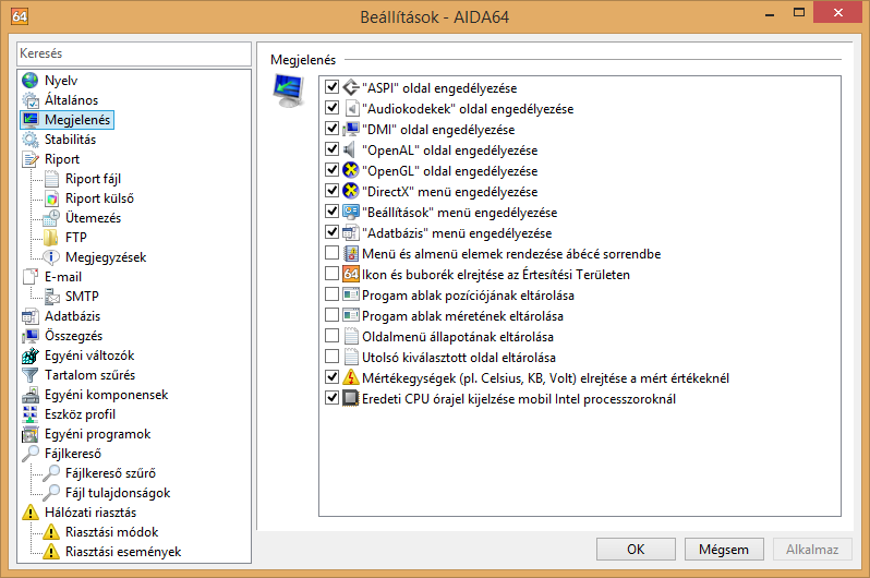 Beállítások MEGJELENÉS Az itt elérhető opciókkal az AIDA64 felhasználói felülete és megjelenése konfigurálható. ASPI oldal engedélyezése A Háttértár / ASPI oldal megjelenését engedélyezhetjük itt.