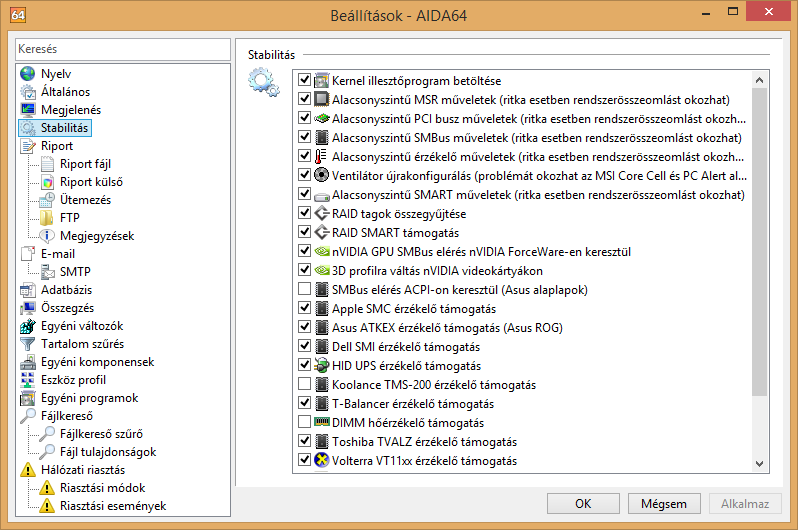 Beállítások STABILITÁS Ezen az oldalon az AIDA64 alacsony szintű hardverdetektáló moduljait kapcsolhatjuk ki és be. Ezek kikapcsolásával a legtöbb stabilitási probléma kiküszöbölhető.