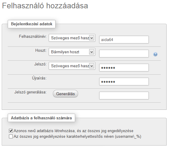 Beállítások 3.7.5 MYSQL (MSDASQL) Telepítsük a MySQL szolgáltatást a szerverünkre (jelen esetben XAMPP), majd hozzunk létre egy új felhasználót!