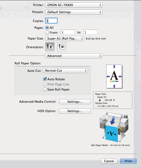 A nyomtatás további módjai C Papírtekercs használata esetén a listából válassza a Advanced (Speciális) elemet, majd válasszon egy Auto Cut (Automatikus vágás) beállítást.