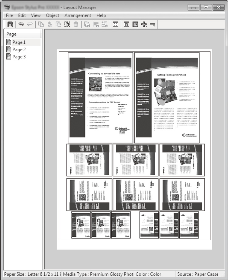 A nyomtatás további módjai Ingyenes minta függőleges/vízszintes elrendezéshez Megjegyzés: A Page Size (Oldalméret) a dokumentum mérete a Layout Manager (Elrendezés menedzser) eszközben.